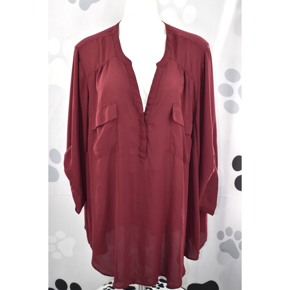 Torrid Harper 3/4 Sleeve Roll Tab Sleeves V Neck Pocket Front Blouse Maroon 5 28